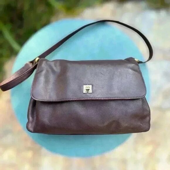 Vintage 80s 90s ETIENNE AIGNER Medium Leather Shoulder Bag Handbag Multi Section - Picture 6 of 6